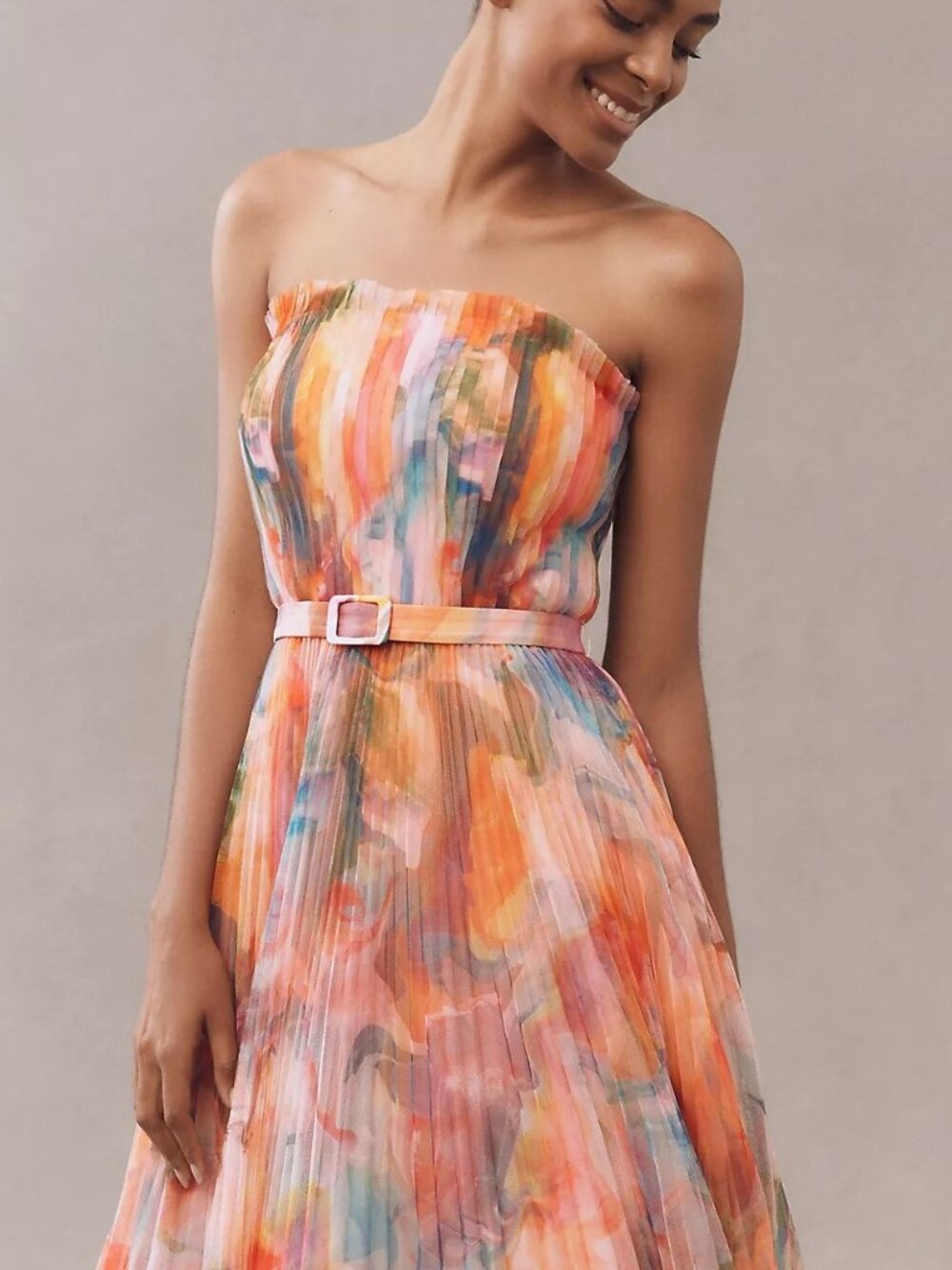 Anthropologie - Strapless Belted Chiffon Floral Micropleated  Dress - Size 10 - Picture 2 of 3